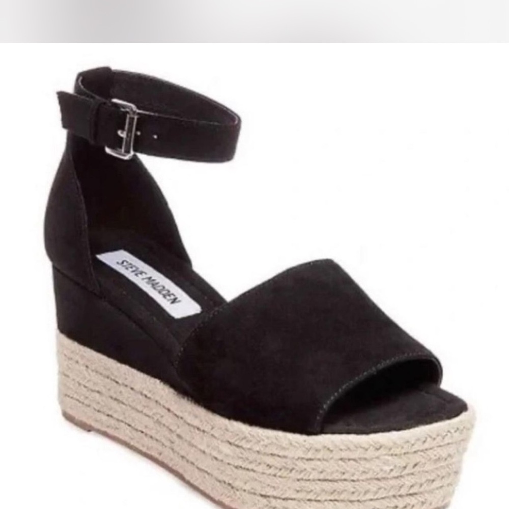 Steve Madden Black and Tan Wedge Sandals